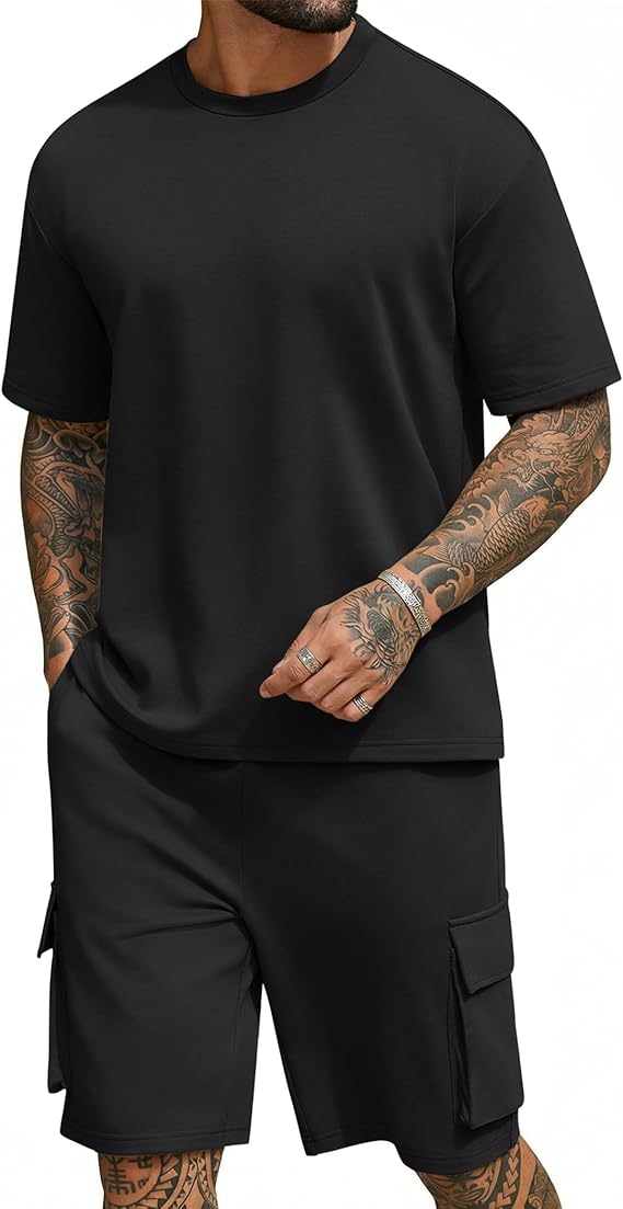 Men's Shirt and Shorts Set 2 Piece Fashion Summer Tracksuits Cotton Oversized T-Shirts Cargo Shorts Outfits