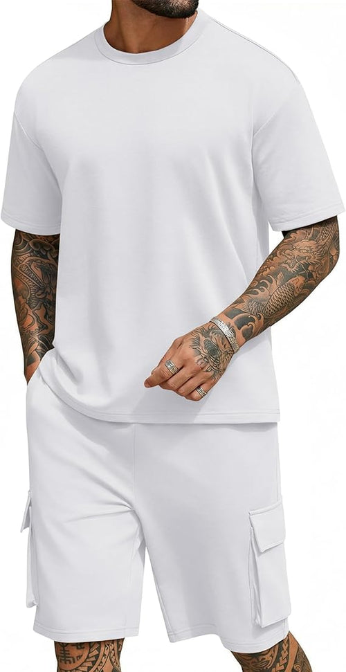 Men's Shirt and Shorts Set 2 Piece Fashion Summer Tracksuits Cotton Oversized T-Shirts Cargo Shorts Outfits