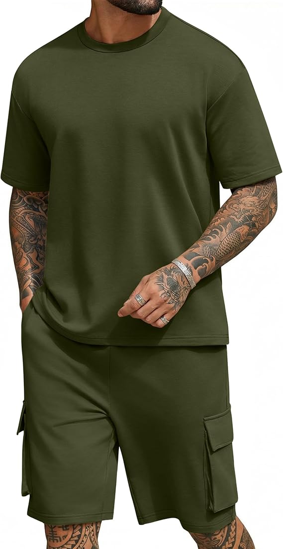 Men's Shirt and Shorts Set 2 Piece Fashion Summer Tracksuits Cotton Oversized T-Shirts Cargo Shorts Outfits