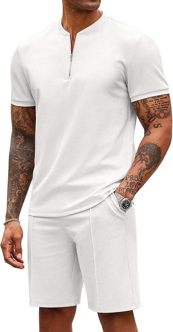 Men's 2 Pieces Outfits Casual Quarter Zip Polo T Shirt and Shorts Set Athletic Jogging Summer Tracksuit