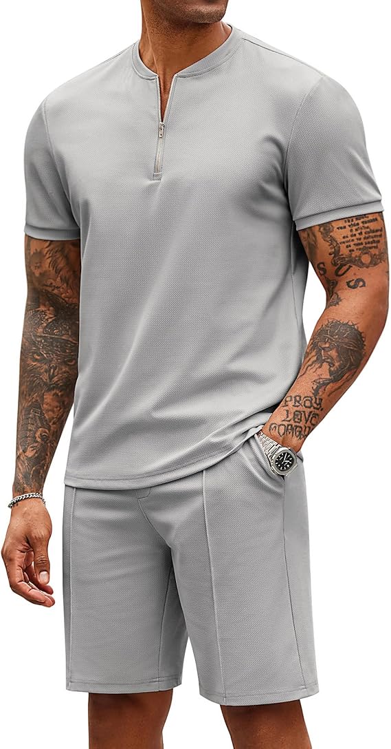 Men's 2 Pieces Outfits Casual Quarter Zip Polo T Shirt and Shorts Set Athletic Jogging Summer Tracksuit