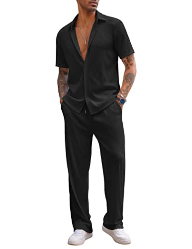 Men's 2 Piece Outfit Casual Short Sleeve Button Down Shirt Beach Summer Loose Pant Sets