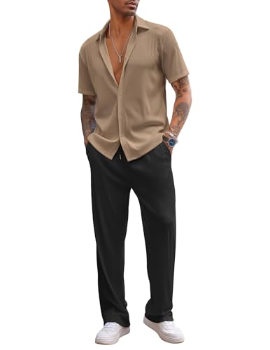 Men's 2 Piece Outfit Casual Short Sleeve Button Down Shirt Beach Summer Loose Pant Sets