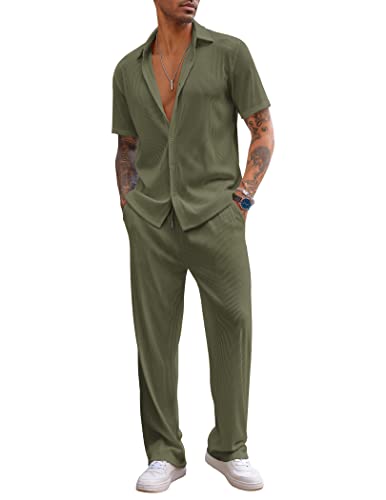 Men's 2 Piece Outfit Casual Short Sleeve Button Down Shirt Beach Summer Loose Pant Sets
